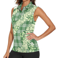 Green Palaka Hawaii Cowboy Christmas Women Sleeveless Polo Shirt Paniolo Mix Maile Lei - Polynesian Pride