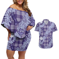 Purple Palaka Hawaii Cowboy Christmas Couples Matching Off Shoulder Short Dress and Hawaiian Shirt Paniolo Mix Maile Lei - Polynesian Pride