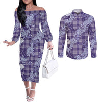 Purple Palaka Hawaii Cowboy Christmas Couples Matching Off The Shoulder Long Sleeve Dress and Long Sleeve Button Shirt Paniolo Mix Maile Lei - Polynesian Pride