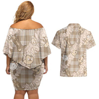 Khaki Palaka Hawaii Cowboy Christmas Couples Matching Off Shoulder Short Dress and Hawaiian Shirt Paniolo Mix Maile Lei - Polynesian Pride