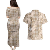 Khaki Palaka Hawaii Cowboy Christmas Couples Matching Puletasi and Hawaiian Shirt Paniolo Mix Maile Lei - Polynesian Pride