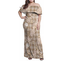 Khaki Palaka Hawaii Cowboy Christmas Family Matching Off Shoulder Maxi Dress and Hawaiian Shirt Paniolo Mix Maile Lei - Polynesian Pride