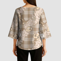 Khaki Palaka Hawaii Cowboy Christmas Kimono Sleeve Blouse Paniolo Mix Maile Lei - Polynesian Pride