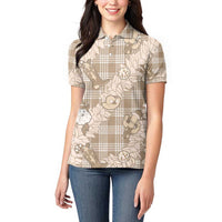 Khaki Palaka Hawaii Cowboy Christmas Women Polo Shirt Paniolo Mix Maile Lei - Polynesian Pride