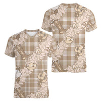 Khaki Palaka Hawaii Cowboy Christmas Women V-Neck T-Shirt Paniolo Mix Maile Lei - Polynesian Pride