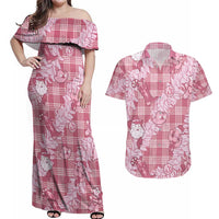 Pink Palaka Hawaii Cowboy Christmas Couples Matching Off Shoulder Maxi Dress and Hawaiian Shirt Paniolo Mix Maile Lei - Polynesian Pride