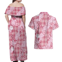 Pink Palaka Hawaii Cowboy Christmas Couples Matching Off Shoulder Maxi Dress and Hawaiian Shirt Paniolo Mix Maile Lei - Polynesian Pride