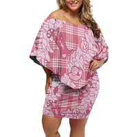 Pink Palaka Hawaii Cowboy Christmas Off Shoulder Short Dress Paniolo Mix Maile Lei - Polynesian Pride
