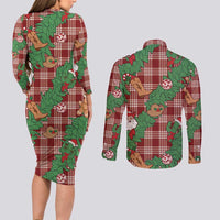 Red Palaka Hawaii Cowboy Christmas Couples Matching Long Sleeve Bodycon Dress and Long Sleeve Button Shirt Paniolo Mix Maile Lei - Polynesian Pride