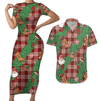 Red Palaka Hawaii Cowboy Christmas Couples Matching Short Sleeve Bodycon Dress and Hawaiian Shirt Paniolo Mix Maile Lei - Polynesian Pride