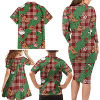 Red Palaka Hawaii Cowboy Christmas Family Matching Long Sleeve Bodycon Dress and Hawaiian Shirt Paniolo Mix Maile Lei - Polynesian Pride