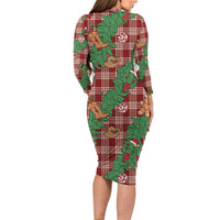 Red Palaka Hawaii Cowboy Christmas Long Sleeve Bodycon Dress Paniolo Mix Maile Lei - Polynesian Pride