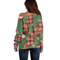 Red Palaka Hawaii Cowboy Christmas Off Shoulder Sweater Paniolo Mix Maile Lei - Polynesian Pride