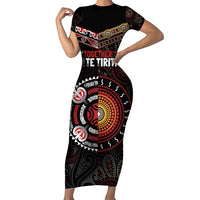 Aotearoa and Australia Indigenous Short Sleeve Bodycon Dress Stand Together For Te Tiriti LT7 Long Dress Black - Polynesian Pride
