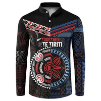 Aotearoa and Samoa Together For Te Tiriti Button Sweatshirt Kowhaiwhai Mix Siapo - Flag Color LT7 Black - Polynesian Pride