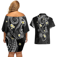Polynesia Tribal Couples Matching Off Shoulder Short Dress and Hawaiian Shirt Tentacles Plumeria
