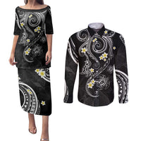 Polynesia Tribal Couples Matching Puletasi and Long Sleeve Button Shirt Tentacles Plumeria
