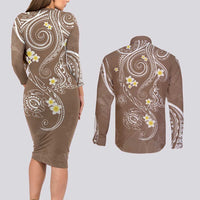 Polynesia Tribal Couples Matching Long Sleeve Bodycon Dress and Long Sleeve Button Shirt Mocha Plumeria Tentacles LT7 - Polynesian Pride