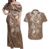 Polynesia Tribal Couples Matching Off Shoulder Maxi Dress and Hawaiian Shirt Mocha Plumeria Tentacles