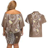 Polynesia Tribal Couples Matching Off Shoulder Short Dress and Hawaiian Shirt Mocha Plumeria Tentacles
