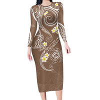 Polynesia Tribal Family Matching Long Sleeve Bodycon Dress and Hawaiian Shirt Mocha Plumeria Tentacles