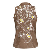 Polynesia Tribal Women Sleeveless Polo Shirt Mocha Plumeria Tentacles