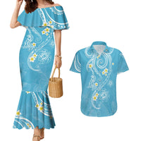 Polynesia Tribal Couples Matching Mermaid Dress and Hawaiian Shirt Turquoise Plumeria Tentacles