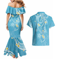 Polynesia Tribal Couples Matching Mermaid Dress and Hawaiian Shirt Turquoise Plumeria Tentacles