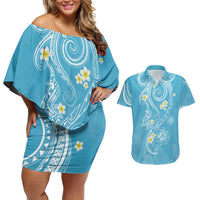 Polynesia Tribal Couples Matching Off Shoulder Short Dress and Hawaiian Shirt Turquoise Plumeria Tentacles