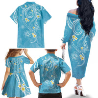 Polynesia Tribal Family Matching Off The Shoulder Long Sleeve Dress and Hawaiian Shirt Turquoise Plumeria Tentacles