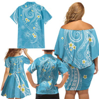 Polynesia Tribal Family Matching Off Shoulder Short Dress and Hawaiian Shirt Turquoise Plumeria Tentacles
