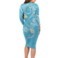 Polynesia Tribal Long Sleeve Bodycon Dress Turquoise Plumeria Tentacles
