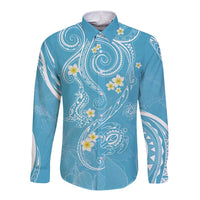 Polynesia Tribal Long Sleeve Button Shirt Turquoise Plumeria Tentacles