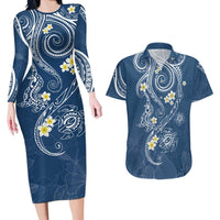 Polynesia Tribal Couples Matching Long Sleeve Bodycon Dress and Hawaiian Shirt Deep Blue Plumeria Tentacles