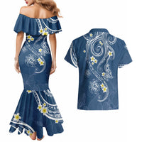 Polynesia Tribal Couples Matching Mermaid Dress and Hawaiian Shirt Deep Blue Plumeria Tentacles