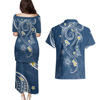 Polynesia Tribal Couples Matching Puletasi and Hawaiian Shirt Deep Blue Plumeria Tentacles