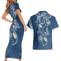 Polynesia Tribal Couples Matching Short Sleeve Bodycon Dress and Hawaiian Shirt Deep Blue Plumeria Tentacles