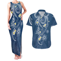 Polynesia Tribal Couples Matching Tank Maxi Dress and Hawaiian Shirt Deep Blue Plumeria Tentacles