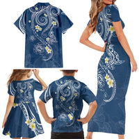 Polynesia Tribal Family Matching Short Sleeve Bodycon Dress and Hawaiian Shirt Deep Blue Plumeria Tentacles