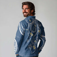 Polynesia Tribal Long Sleeve Polo Shirt Deep Blue Plumeria Tentacles