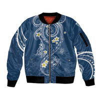 Polynesia Tribal Sleeve Zip Bomber Jacket Deep Blue Plumeria Tentacles