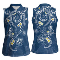 Polynesia Tribal Women Sleeveless Polo Shirt Deep Blue Plumeria Tentacles