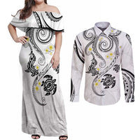 Polynesia Tribal Couples Matching Off Shoulder Maxi Dress and Long Sleeve Button Shirt White Plumeria Tentacles LT7 White - Polynesian Pride