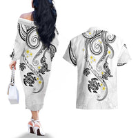 Polynesia Tribal Couples Matching Off The Shoulder Long Sleeve Dress and Hawaiian Shirt White Plumeria Tentacles