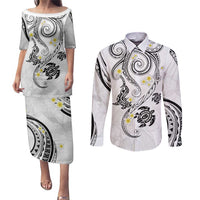 Polynesia Tribal Couples Matching Puletasi and Long Sleeve Button Shirt White Plumeria Tentacles LT7 White - Polynesian Pride