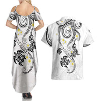 Polynesia Tribal Couples Matching Summer Maxi Dress and Hawaiian Shirt White Plumeria Tentacles