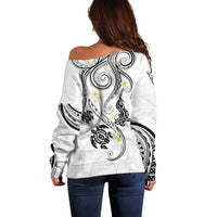 Polynesia Tribal Off Shoulder Sweater White Plumeria Tentacles