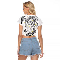 Polynesia Tribal Raglan Cropped T Shirt White Plumeria Tentacles