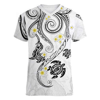 Polynesia Tribal Women V-Neck T-Shirt White Plumeria Tentacles