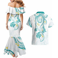 Polynesia Tribal Couples Matching Mermaid Dress and Hawaiian Shirt Teal Plumeria Tentacles